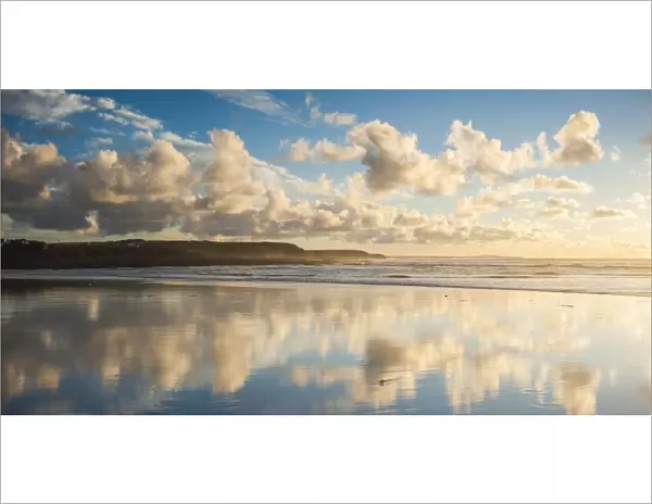 Cloud reflections at Constantine Bay at sunset, Cornwall, England, United Kingdom, Europe