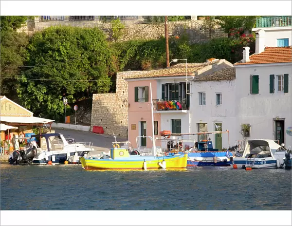View across the colourful harbour, Loggos, Paxos, Paxi, Corfu, Ionian Islands, Greek Islands, Greece, Europe