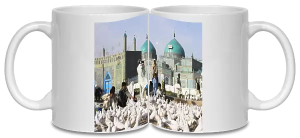 People feeding famous white pigeons at Shrine of Hazrat Ali, Mazar-I-Sharif