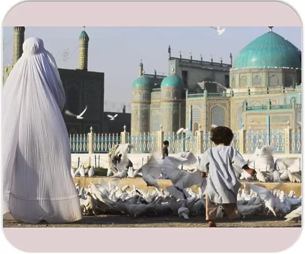 Lady in burqa feeding famous white pigeons whilst child chases them, Shrine of Hazrat Ali