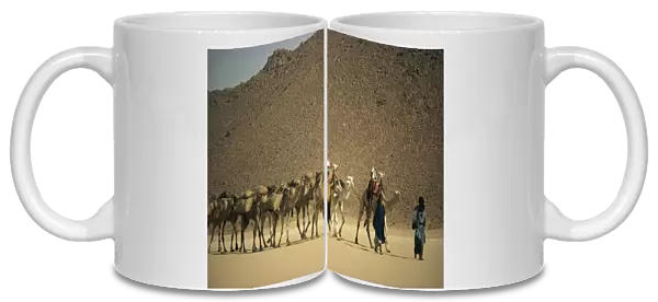 Tuareg people leading camel train across desert, Algeria, North Africa, Africa