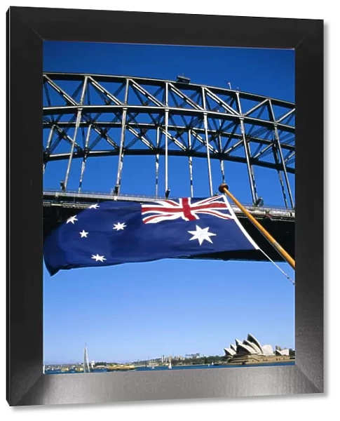 Flag, Sydney Harbour Bridge and Opera House, Sydney, New South Wales, Australia