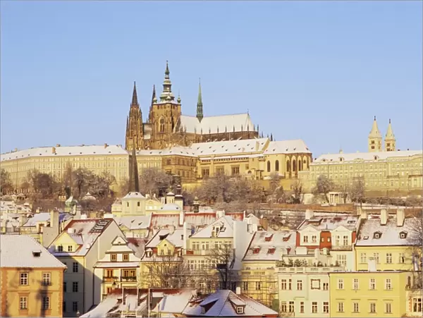 Prague Castle and houses of Mala Strana suburb in winter, Prague, Czech Republic, Europe