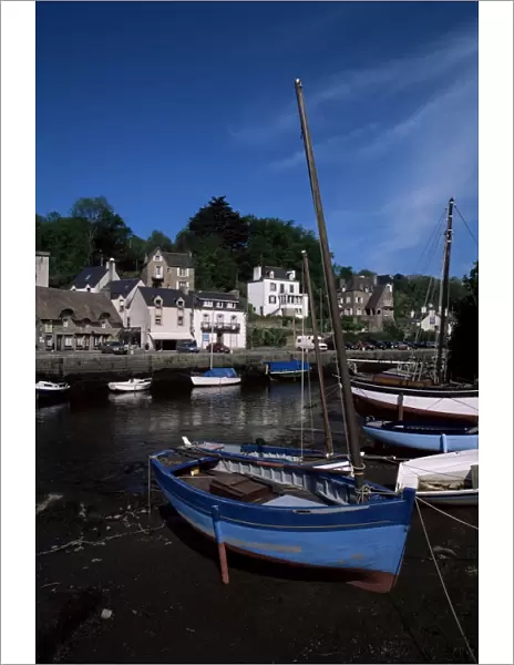 Blue sailing dinghy and River Aven, Pont-Aven, Brittany, France, Europe