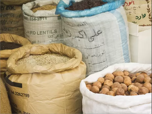 Sacks of nuts and lentils in the Spice Souk