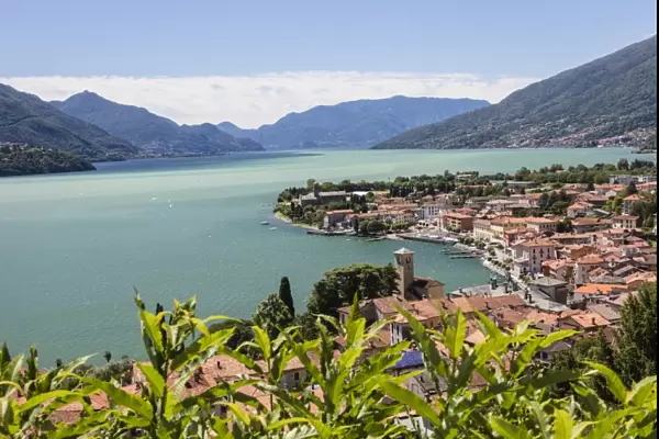View of the typical village of Gravedona surrounded by Lake Como and gardens, Province of Como