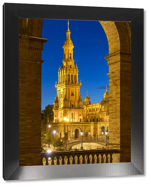Illuminated Northern Tower at Plaza de EspaA±a during dusk, Seville, Andalusia