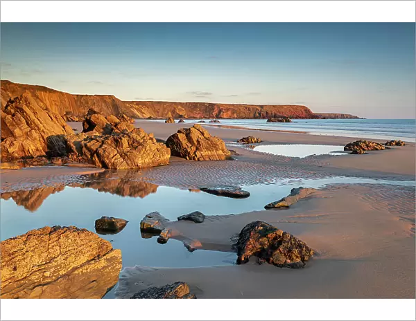 Late evening sunlight on a deserted Marloes Sands, Pembrokeshire, Wales, United Kingdom