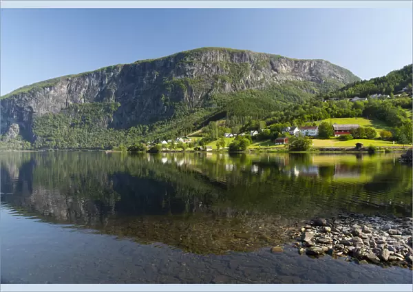 Reflections in still water at Lake Granvinvatnet, Hordaland, Vestlandet, Norway