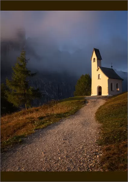 Capella Di San Maurizio at sunrise, Dolomites, Italy, Europe
