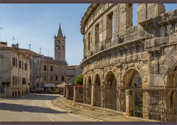 View of Catholic Church next to the Roman Amphitheatre, Pula, Istria County, Croatia