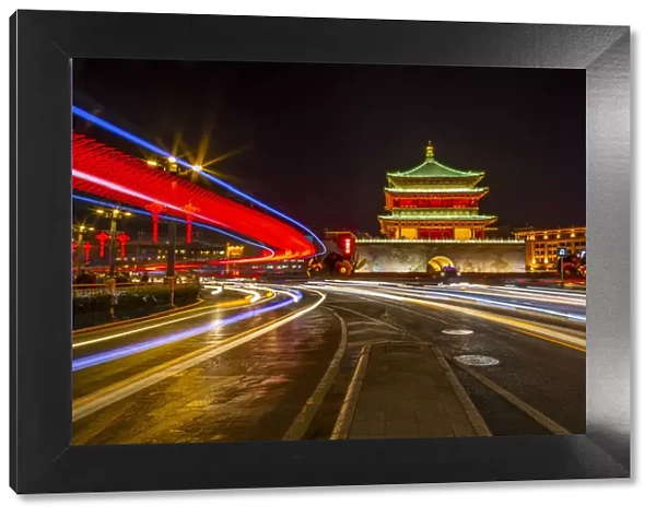 View of famous Bell Tower in Xi an city centre at night, Xi an, Shaanxi Province