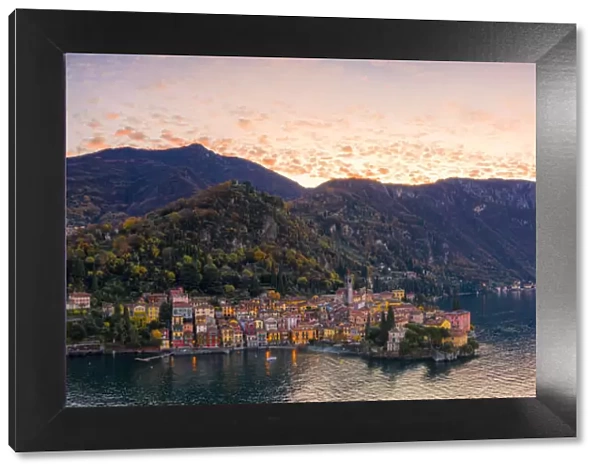 Panoramic aerial view of Varenna and Lake Como at sunrise, Lecco province, Lombardy