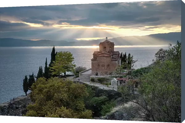 Sunset at Saint John at Kaneo, an Orthodox church situated on the cliff overlooking Lake
