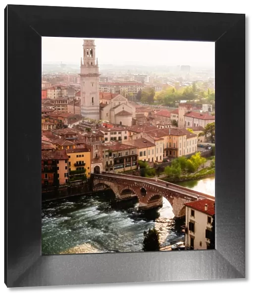 View of Ponte Pietra from Castel San Pietro, Verona, Veneto, Italy, Europe