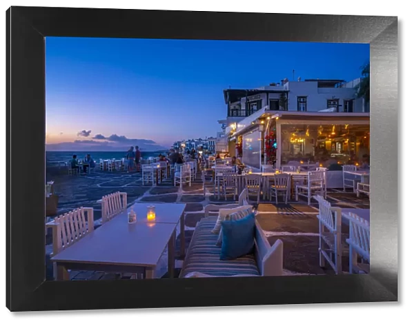 View of restaurants at Little Venice in Mykonos Town at night, Mykonos, Cyclades Islands