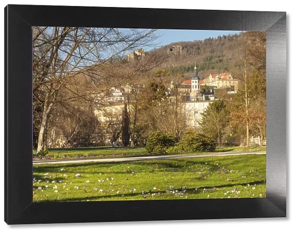View from spa park to the new castle and Hohenbaden castle ruin, Baden-Baden