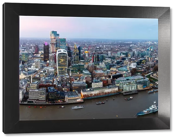 Panorama of City of London skyline and River Thames from above, including Tower Bridge