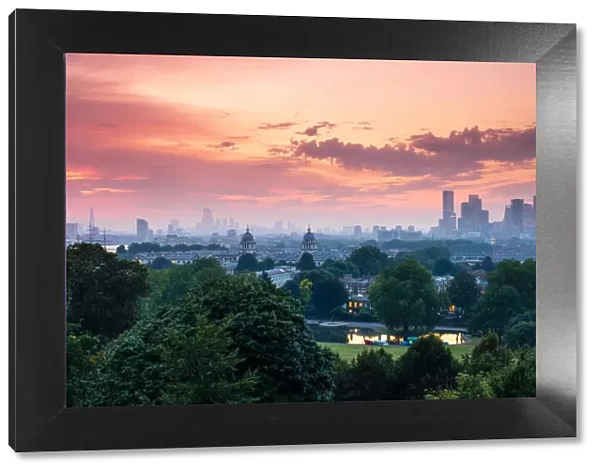 View of Greenwich Old Royal Naval College and London skyline at dusk, Greenwich, London, England, United Kingdom, Europe