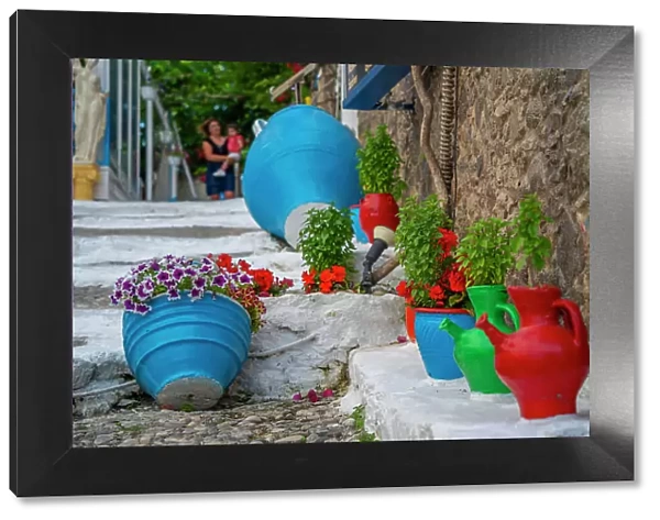 View of traditional colourful plant pots in Kos Town, Kos, Dodecanese, Greek Islands, Greece, Europe
