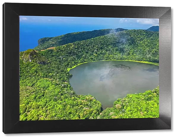 Aerial of the volcanic crater with Lake Mazafim, island of Annobon, Equatorial Guinea, Africa