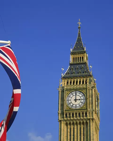 Big Ben and Union Jack, Westminster, London, England, United Kingdom, Europe