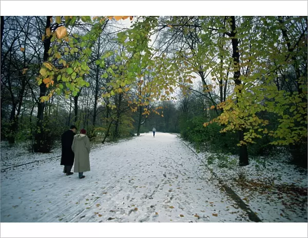 Couple walking in the snow in the Tiergarten, Berlin, Germany, Europe