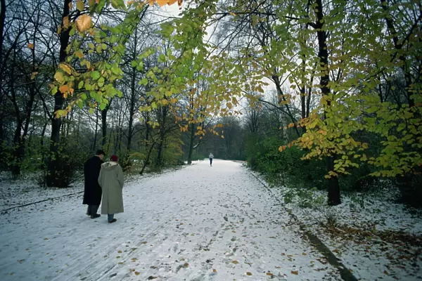 Couple walking in the snow in the Tiergarten, Berlin, Germany, Europe