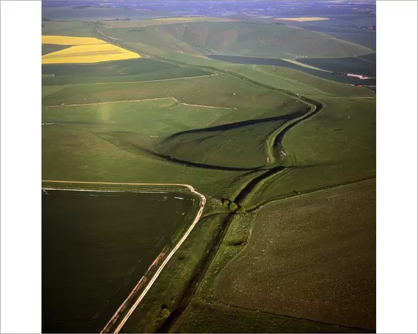 Aerial image of Wansdyke (from Wodens Dyke), an early medieval series of defensive linear earthworks, Tan Hill, Wiltshire, England, United
