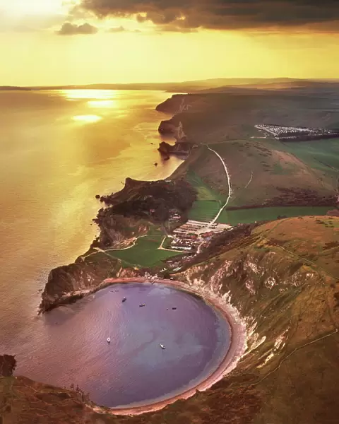 Aerial image of Lulworth Cove, a natural landform harbour, near West Lulworth