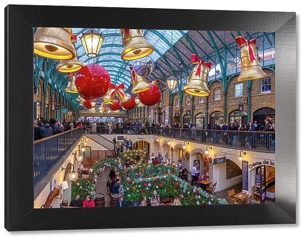 View of Christmas decorations in the Apple Market, Covent Garden, London, England, United Kingdom, Europe