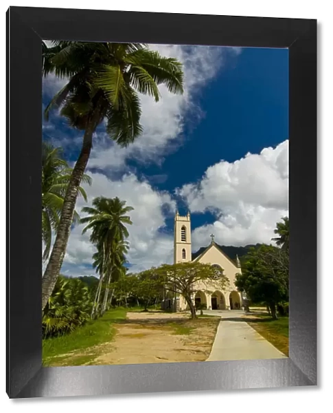 Chruch in tropical surroundings, Beau Vallon, Mahe, Seychelles, Africa
