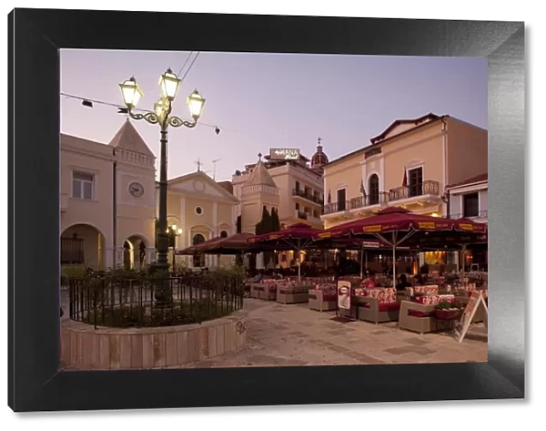 Restaurants at dusk, St. Markos Square, Zakynthos Town, Zakynthos, Ionian Islands