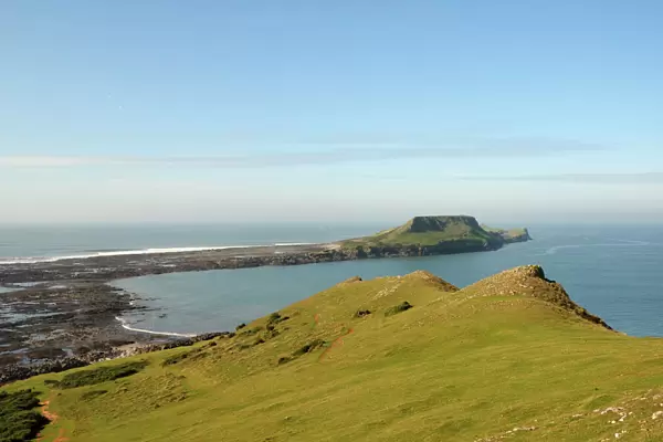 The Worms Head with causeway exposed at low tide, Rhossili, The Gower peninsula, Wales, United Kingdom, Europe