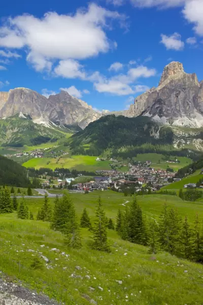 Corvara and Sass Songher Mountain, Badia Valley, Bolzano Province, Trentino-Alto Adige  /  South Tyrol, Italian Dolomites, Italy, Europe