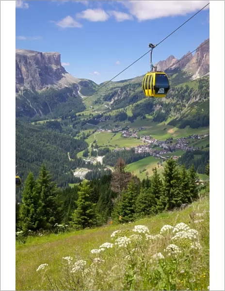 View from Col Alto and cable car, Corvara, Badia Valley, Bolzano Province, Trentino-Alto Adige  /  South Tyrol, Italian Dolomites, Italy, Europe