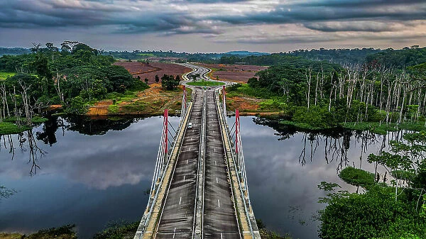Aerial of a bridge cutting through the jungle to the future capital Ciudad de la Paz, Rio Muni, Equatorial Guinea, Africa