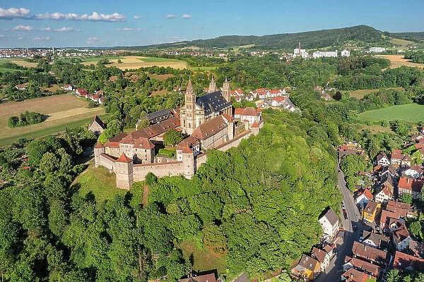 Aerial of Comburg Benedictine Monastery, Steinbach, Kocher Valley, Schwabisch Hall, Hohenlohe, Baden-Wurttemberg, Germany, Europe