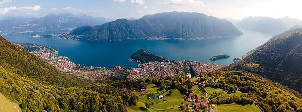 Aerial drone view of Lake Como from Narro, Tremezzina, Como, Lombardy, Italian Lakes
