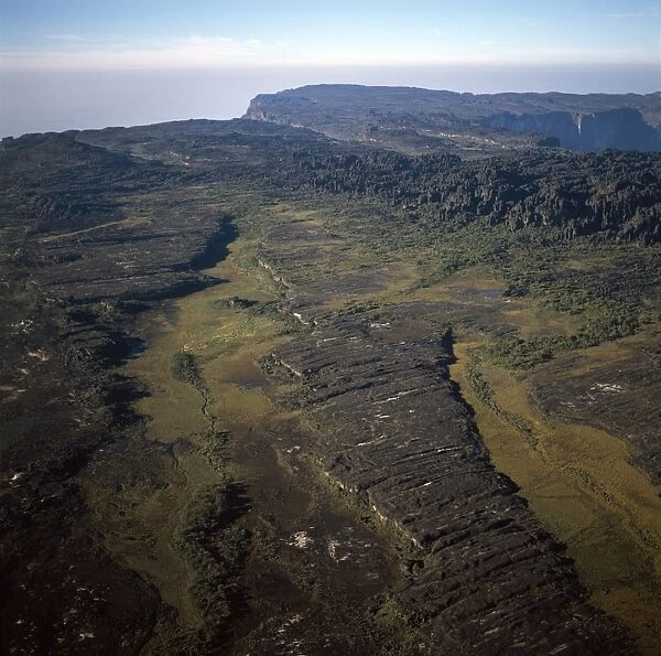 Aerial image of tepuis showing swamps and rock labyrinths on summit plateau in Brazilian