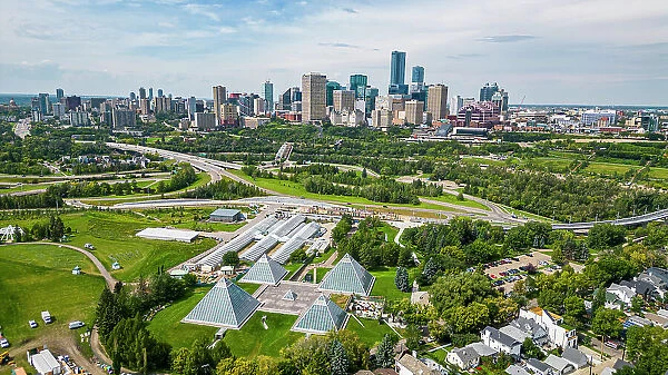 Aerial of the Muttart Conservatory with the skyline of Edmonton, Alberta, Canada, North America