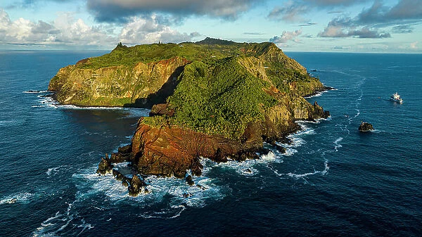 Aerial of Pitcairn island with St. Pauls Pool, British Overseas Territory, South Pacific, Pacific