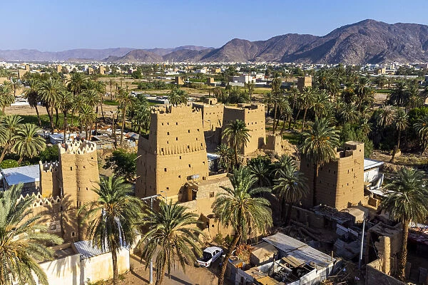 Aerial of traditional build mud towers used as living homes, Najran