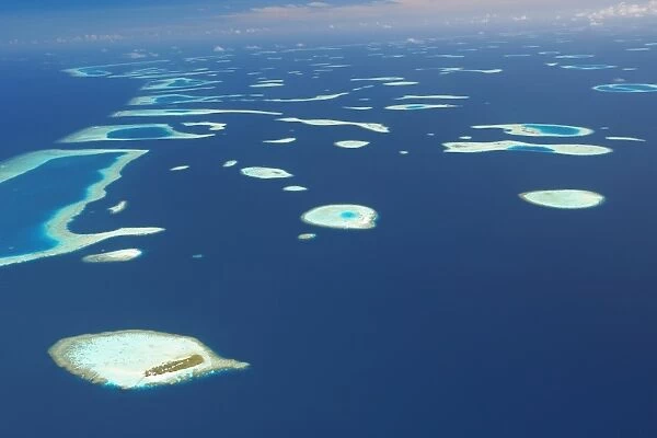 Aerial view of atolls and islands in The Maldives, Indian Ocean, Asia