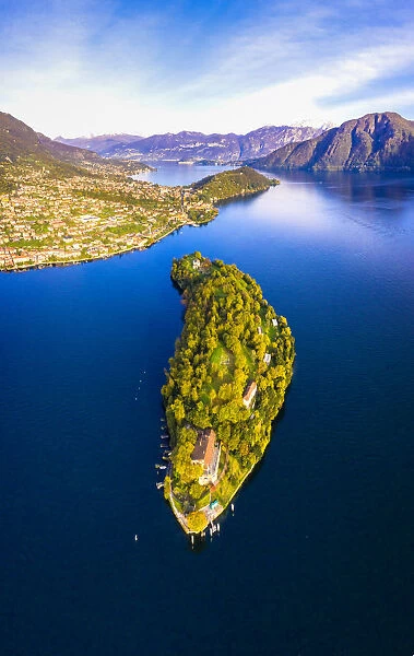 Aerial view of Comacina Island in autumn, Lake Como, Lombardy, Italian Lakes, Italy
