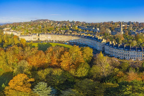 Aerial view by drone over the Georgian city of Bath and Lansdown Cresent, Somerset