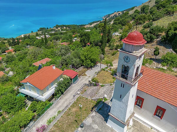 Aerial view of Greek Orthodox Church and coastline near Zola, Kefalonia, Ionian Islands, Greek Islands, Greece, Europe