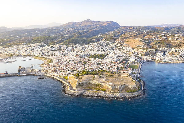 Aerial view of old Venetian harbor and Fortezza, citadel of the seaside town of Rethymno, Crete island, Greek Islands, Greece, Europe