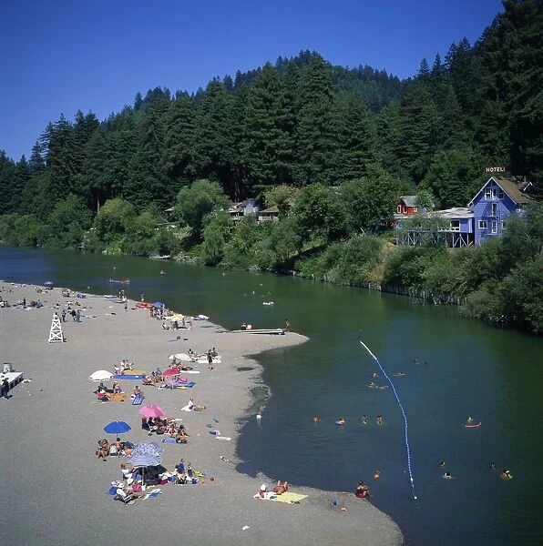 Aerial view over people swimmingng in the Russian River at Monte Rio