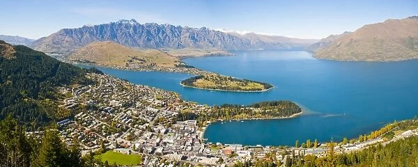 Aerial view of Queenstown, Lake Wakatipu and the Remarkable mountains, Otago Region, South Island, New Zealand, Pacific